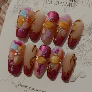 2.5 Coffin S .Floral Nail Art Set with Gold Accents